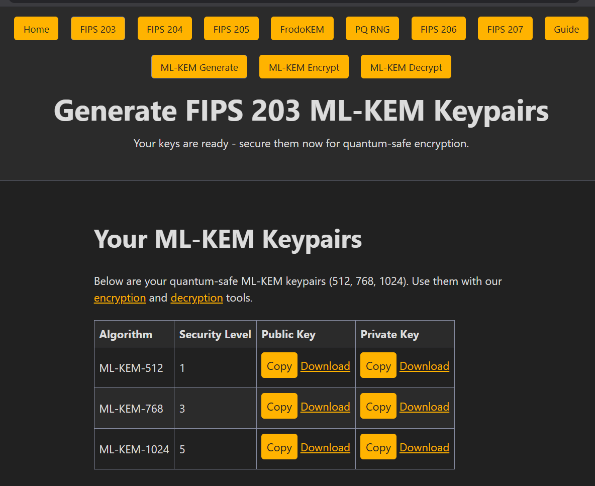 The kyber.club tool generating FIPS 203 ML-KEM key pairs at security levels 512, 768 and 1024